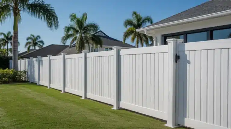 Modern white vinyl privacy fence in Broward County Florida backyard with palm trees and blue sky showing hurricane-resistant residential fencing